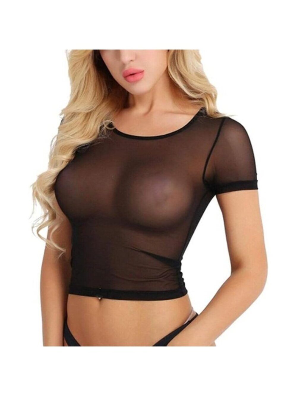 Women's Black Sleepwear Sheer Lace Lingerie Mesh T Shirt Short Sleeve Crop Tops